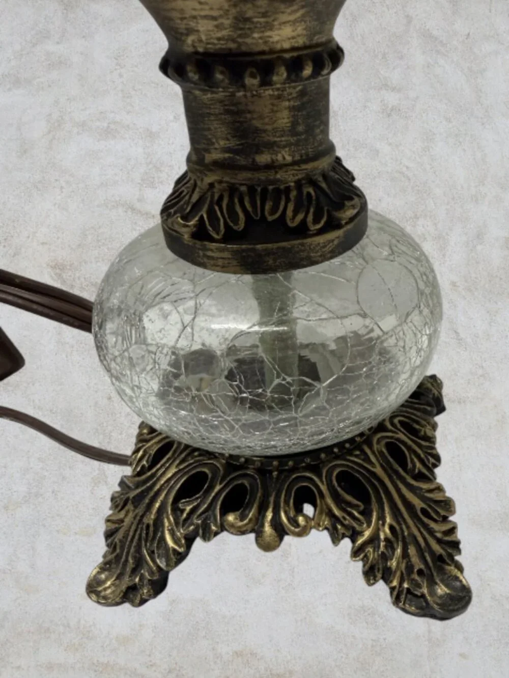 HURRICANE LAMP -- Etched Glass Shade, Crackle Glass Base, Electric, Vintage